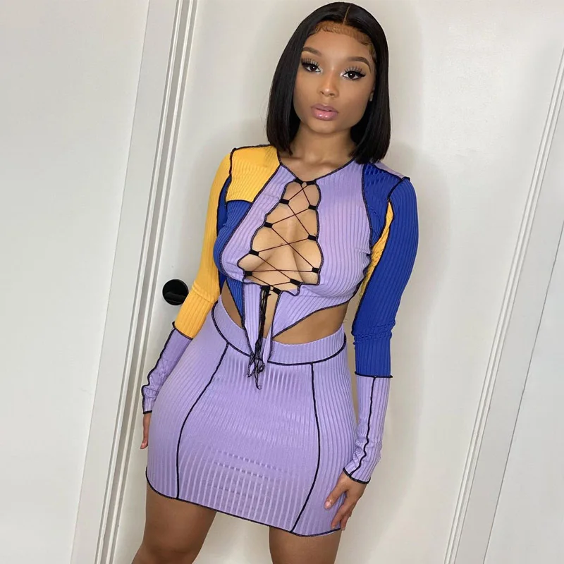 

2021 New arrival women sexy bandage long sleeve top bra and skirt two piece set women ladies clothing