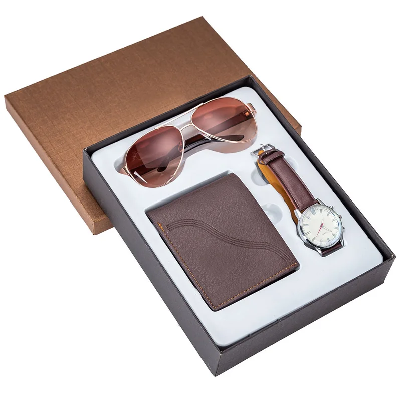 

3 Pieces Exquisite Packed Watch + Belt Wallet + Sunglasses Quartz Men Wristwatch Gift Set