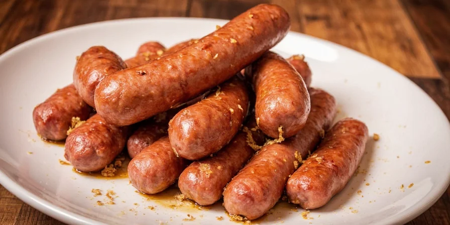 Homemade sausages sizzling on a skillet