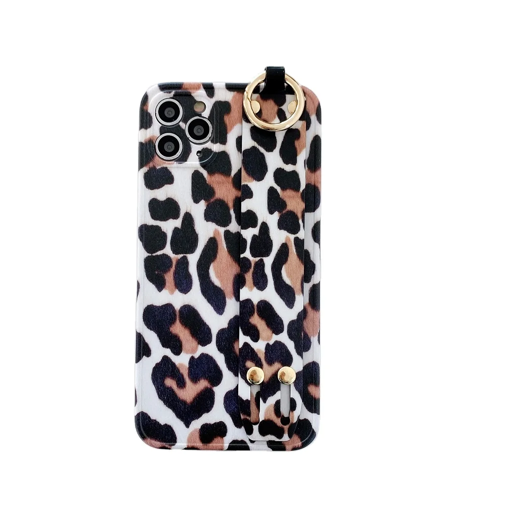 

Leopard Pattern Silicone Soft Phone Case for iPhone 12 With Wristband Bracket, Colors optional