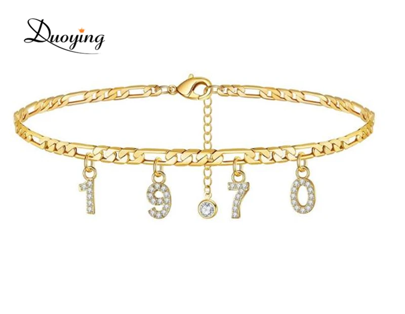 

Initial Letter Diamond Heart birth year anklet personalized foot chain jewelry Gold Bohemian figaro chain custom name Anklet