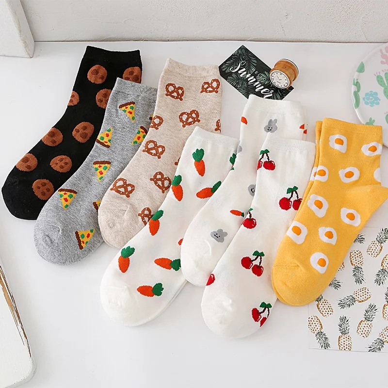 

Food Pizza Pretzel Egg Cookie Cute Cartoon Wholesale Cotton Crew Socks Women Ladies, 6 colors