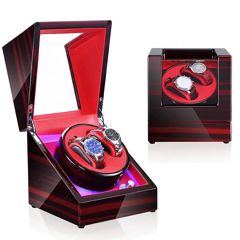 

PU Leather Liner MDF Frame Piano Lacquer Finish Red Watch Winder Dual Watches Rotation Automatic Movement Watch Orbit Box, Black