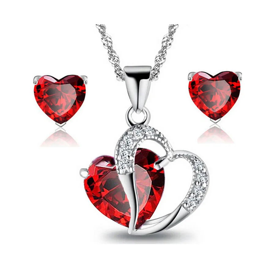 

Fashion Red Love Heart Inlaid Cubic Zirconia Necklace Earrings Jewelry Double Love Heart Bride Jewelry Set