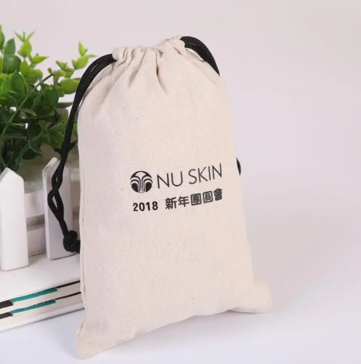 

black color cotton muslin drawstring bag with white logo, Colorful