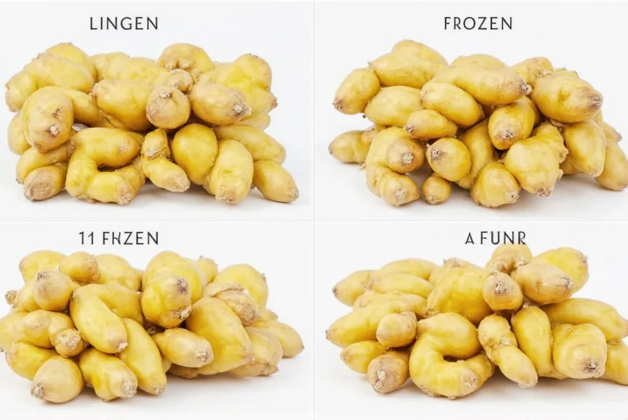 Fresh ginger root storage comparison showing refrigerated, frozen, and room temperature samples with visible quality differences