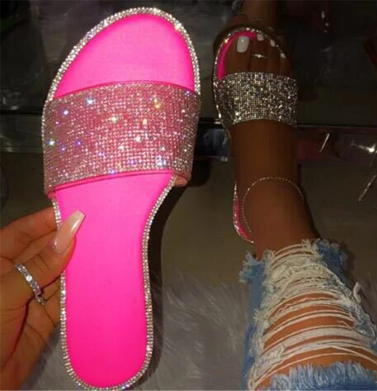 

New Arrivals 2021 Flat Sandals Woman Trendy Slides Shoes Diamond Bling Slippers Glitter Sandals For Women, As pictures or customized color