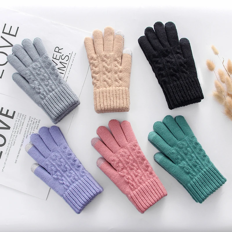 Ladies winter thick warm jacquard touch screen five-finger knitted gloves