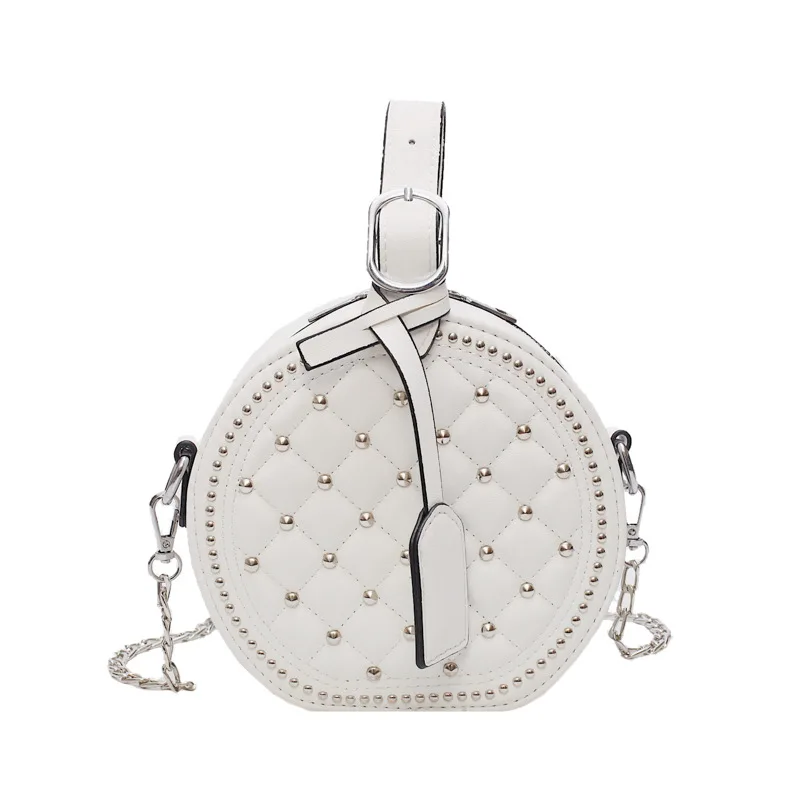 

2021 Fashion Rivet Round PU Leather Sling Chains Handbags Shoulder Bag, White,red,black,pink,khaki,blue