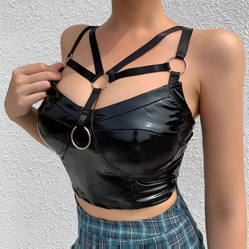 

Women Sexy Tank Tops Gothic Street Wear Bandage Hollow Black Leather Backless Crops Top