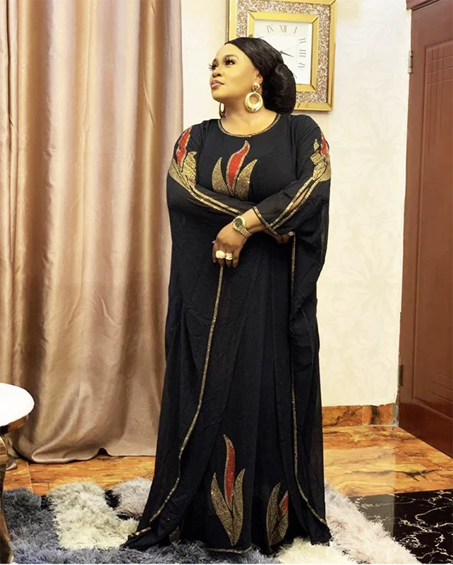 

Fashion chiffon Muslim abaya long dress plus size free Dubai style African ladies dress diamond long sleeve
