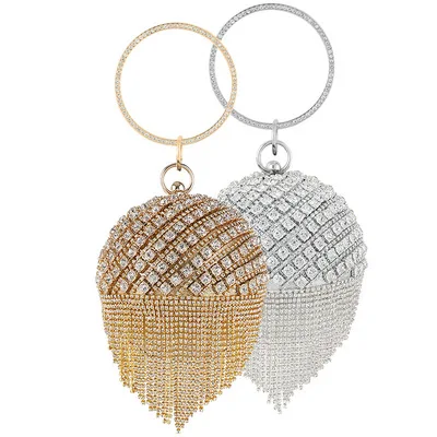 

Fashion ladies round ball silver gold glitter tassel crystal luxury handbags diamond rhinestone woman bling evening clutch purse, Black,sliver,gold