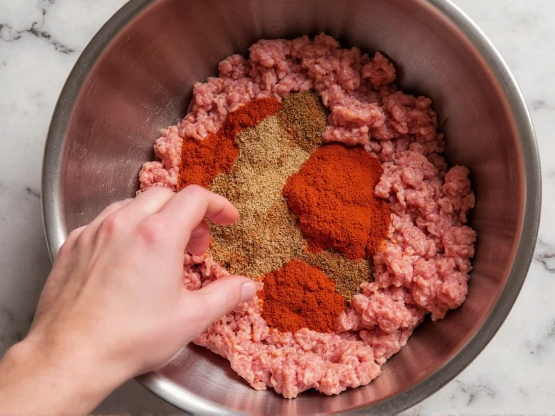 Hand mixing chorizo spices with ground pork in stainless bowl