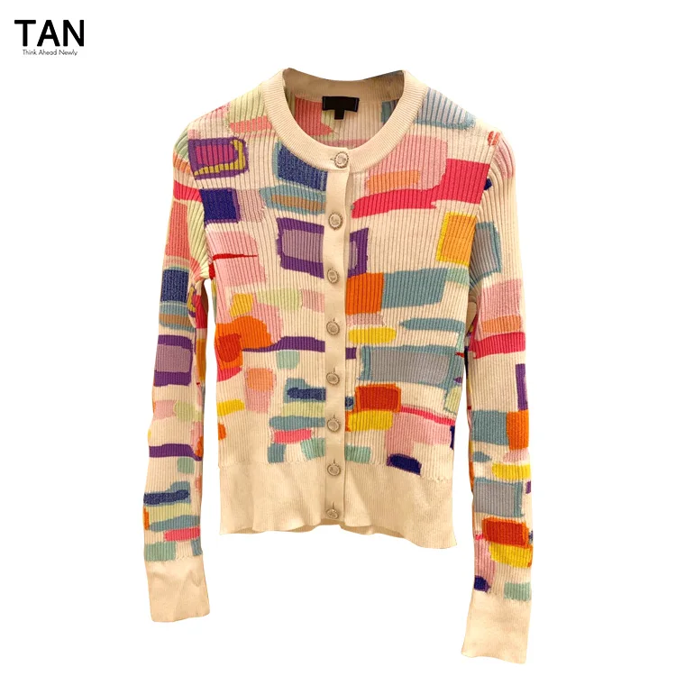 2019 Autumn Women Geometric Plaid Color Matching Button Decoration High Quality Sweater Soft Slim Knit Cardigan