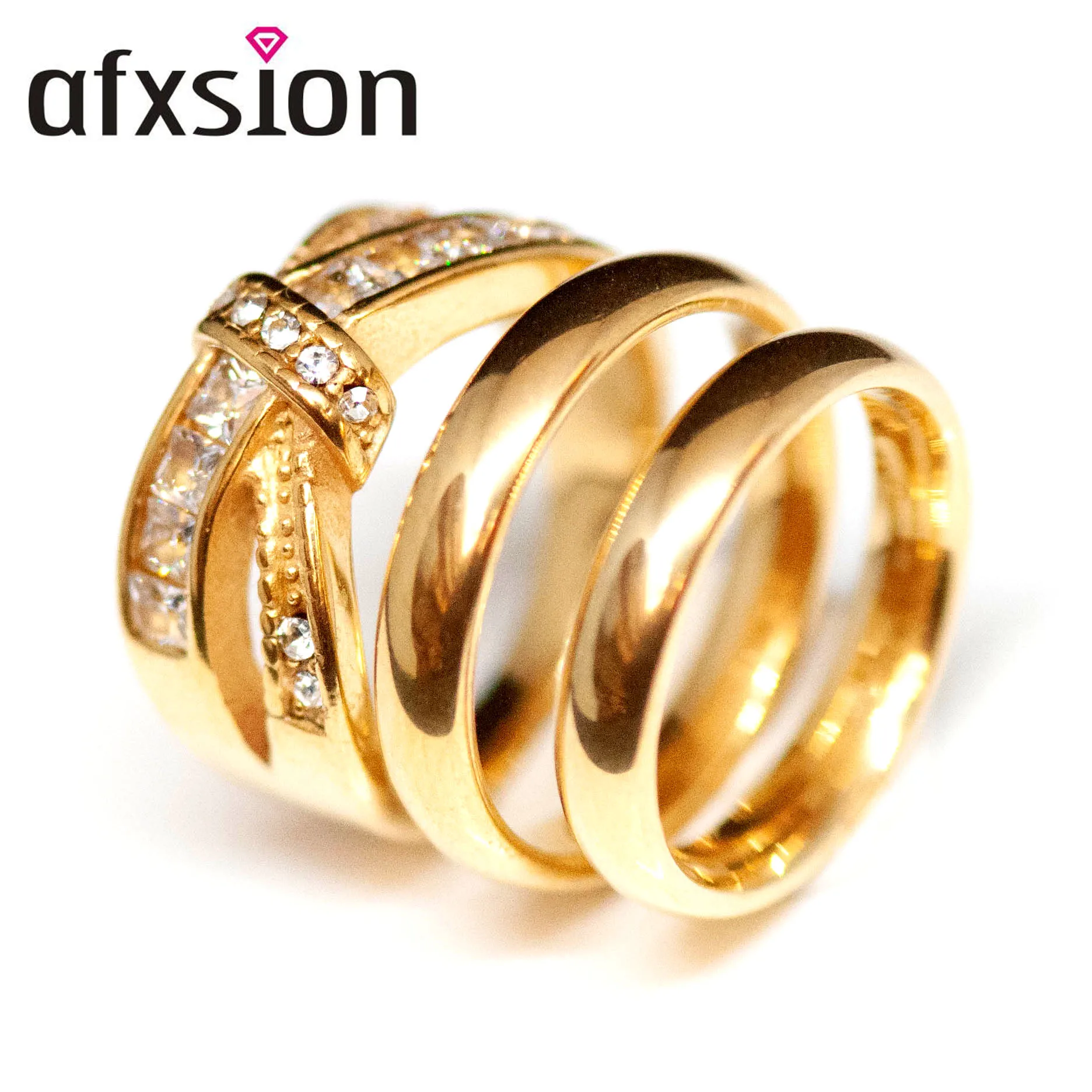 

AFXSION Jewelry factory price sale 3pcs gold stainless steel couple wedding ring, zircon ring for couple, Picture