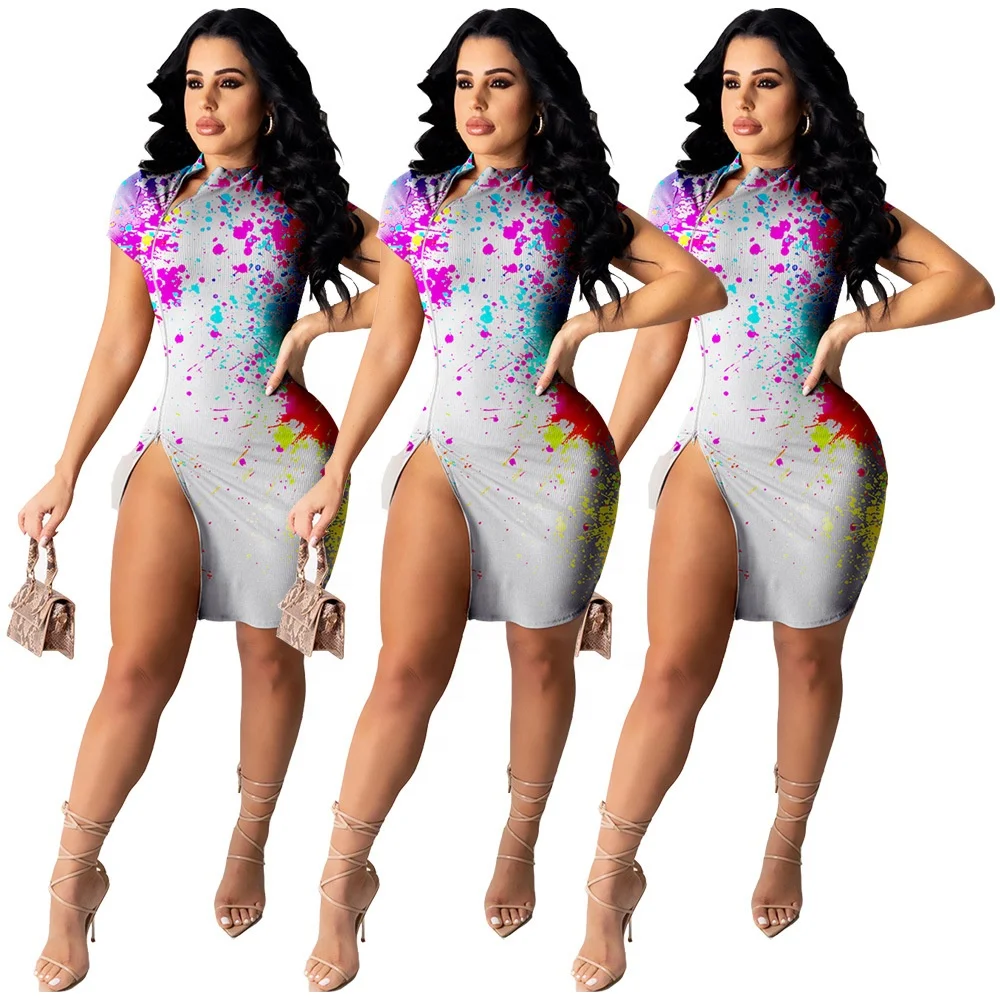 

MT365-8909 Women's 2021 summer high elastic pit strip zipper short-sleeved ink-splattered dress women's short skirt