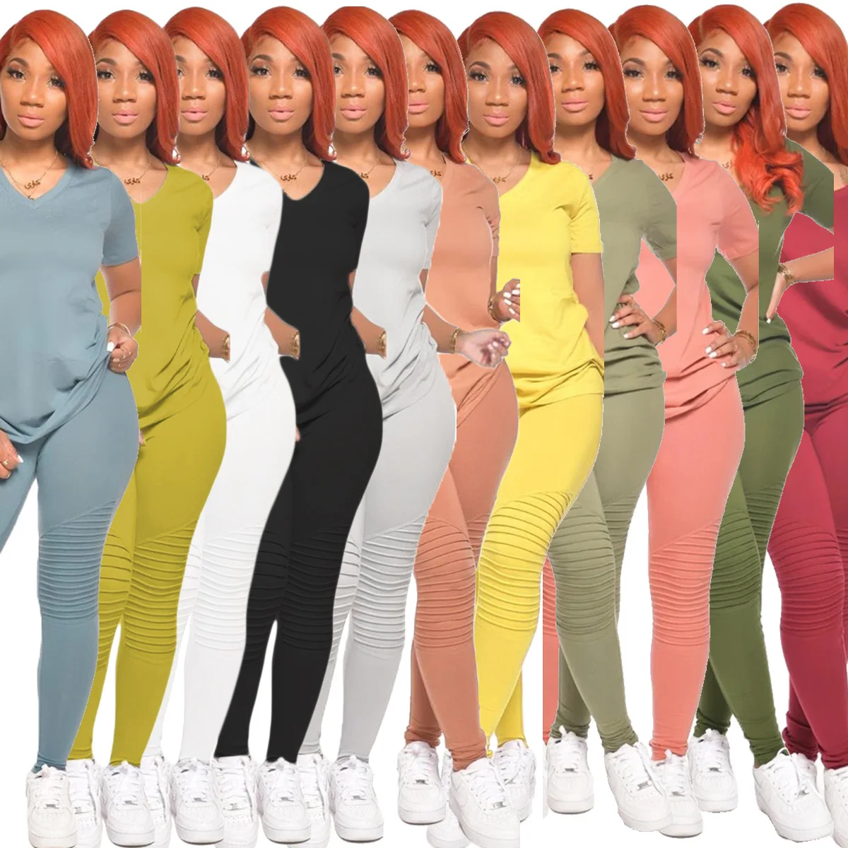 

Stacked joggers set pants two piece set for women V shirt, Customized color