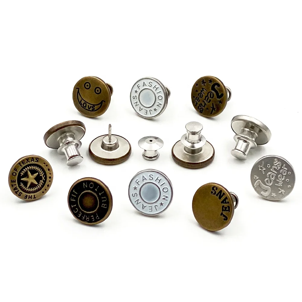 

Custom Button No Sew Metal Adjustable Detachable 17mm Shank Jeans Button With Logo, Customized