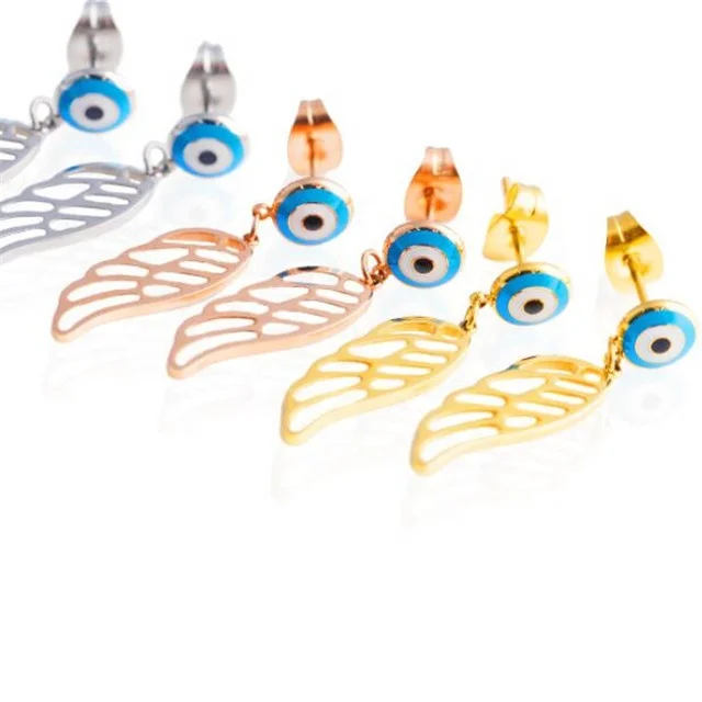 

Yiwu Aceon Stainless Steel Cut Out Dangle Hollow Angel Wings Charm Religious Evil Eyes Bead Earring Stud