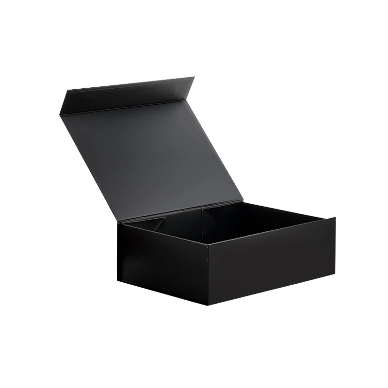 

In stock low MOQ black color rigid flat magnetic folding gift box for gift pack