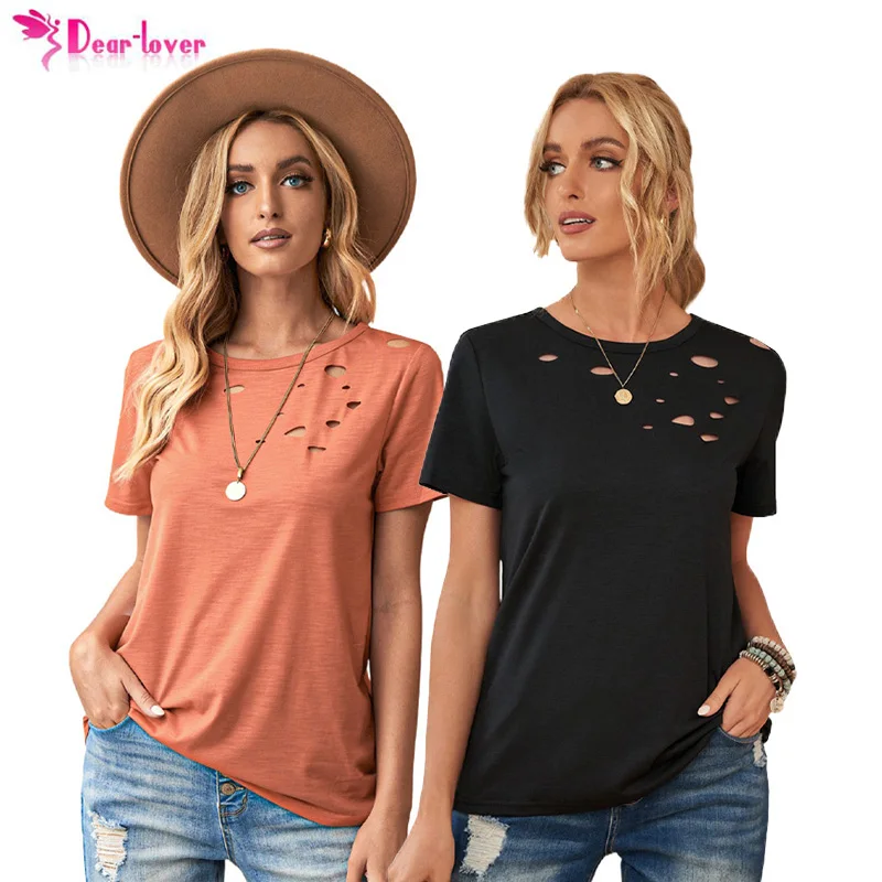 

Women's T-shirts Solid Color Crew Neck Short Sleeve Ripped T Shirt Women Top