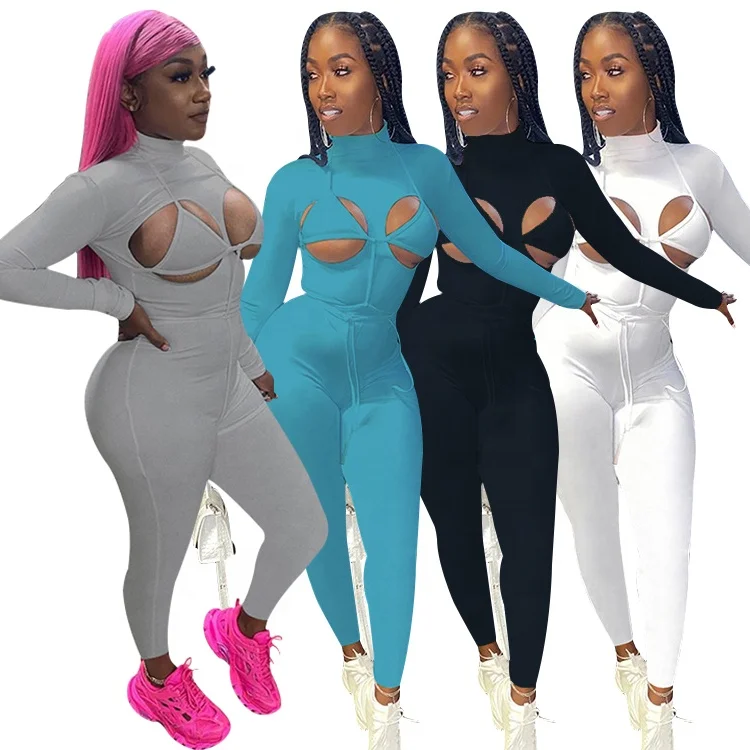 

Workout Sports Tracksuit Bandage Long Sleeve Skinny Rompers Women Sexy Hollow Out Jumpsuit, White / black / blue / gray