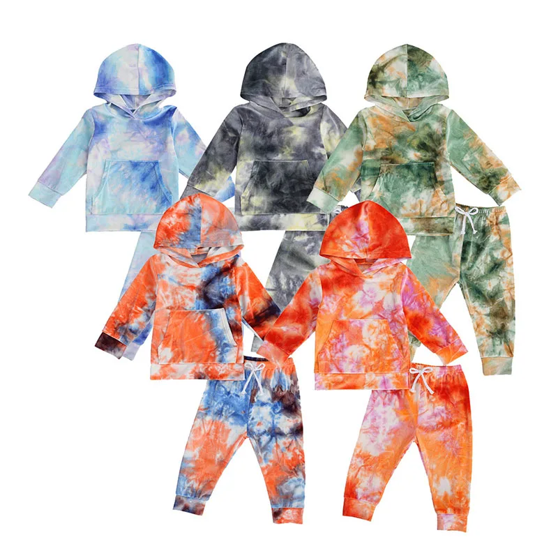 

2020 new design winter fall tie dye velvet hooded infant boys clothing fashion two piece newborn baby outfit set, As picture show