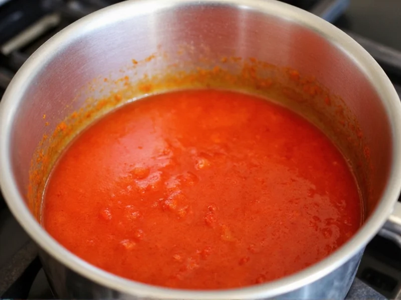 Simmering homemade marinara sauce in stainless steel pot