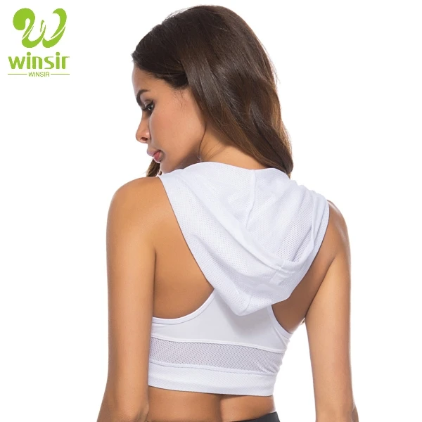 Custom Logo black sleeveless polyester spandex Hooded crop top pullover sport fitness gym hoodie dress womens sports bra hoodies