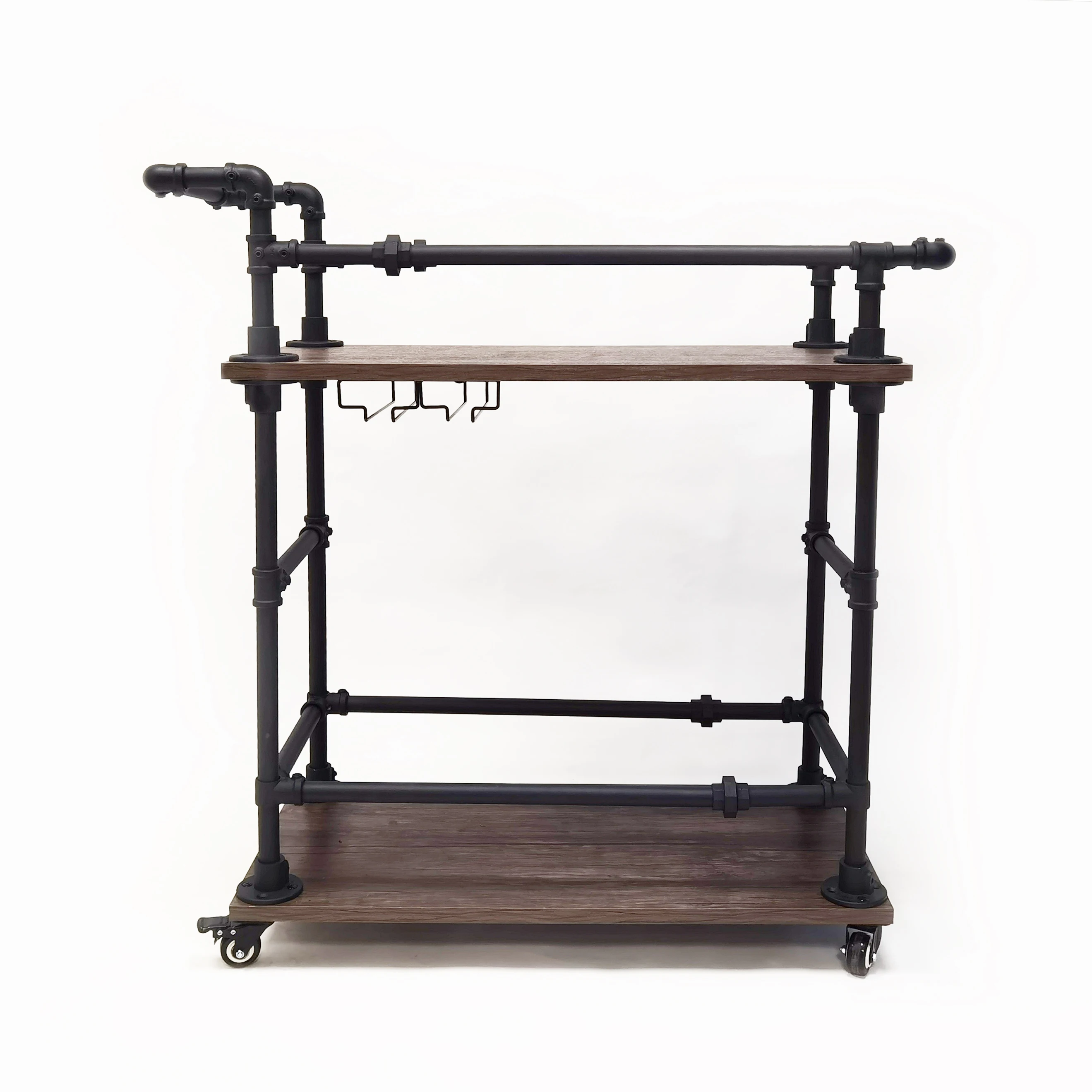 

KINMADE Industrial Rolling Wood Bar Cart with Wine Rack and Glass Holder, Metal Serving Cart, Kitchen Storage Cart, Brown