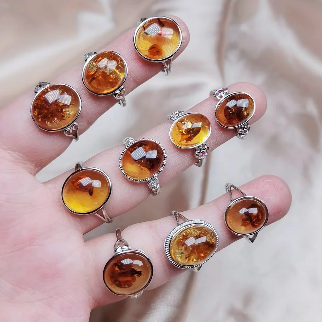 

Baltic Amber Yellow Amber S925 Sterling Silver Ring Honey Amber ring Oval shape For Women Gemstone Simple Adjustable Ring