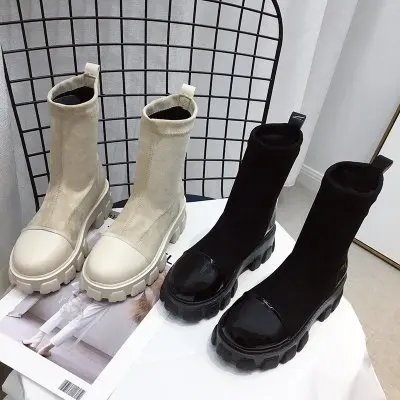 

Black Sock Boots Women 2020 New Punk Gothic Shoes Ankle Boots Platform Shoes Women White Sock Boots, As the picture shows