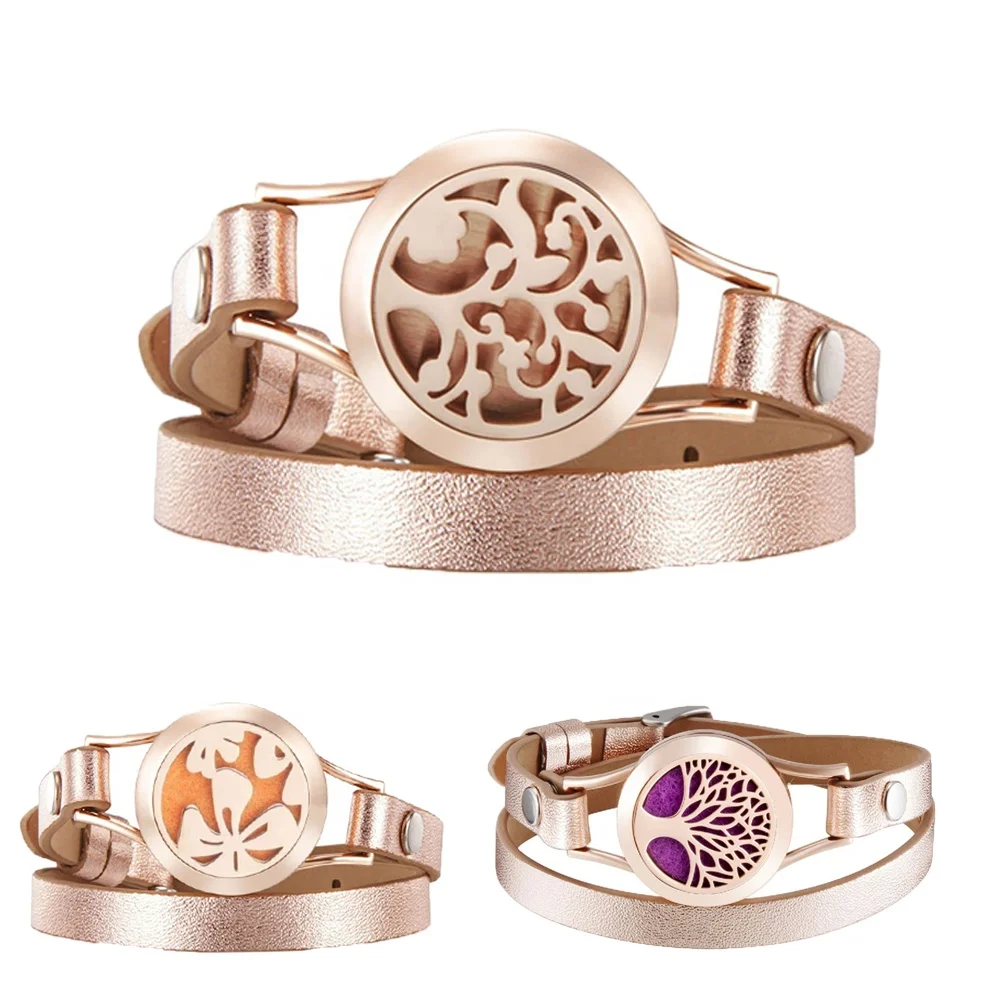 

Plated rose gold stainless steel perfume leather bracelet for women