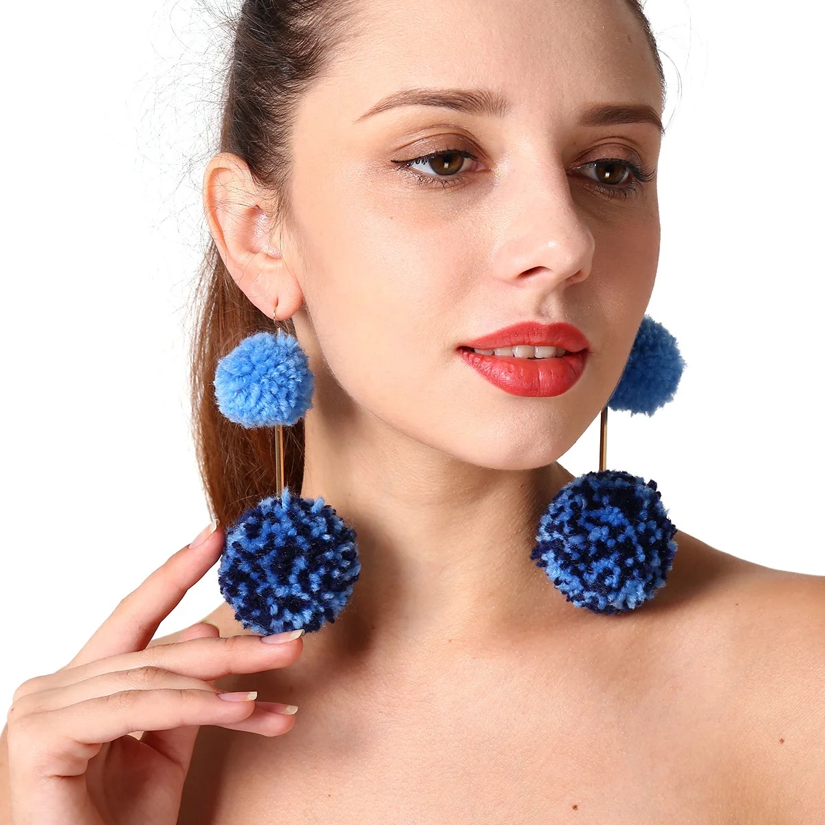

Wish Hot Sale Blue Large&Small Pom Pom Ball Pendants Earrings, Picture shows/custom color