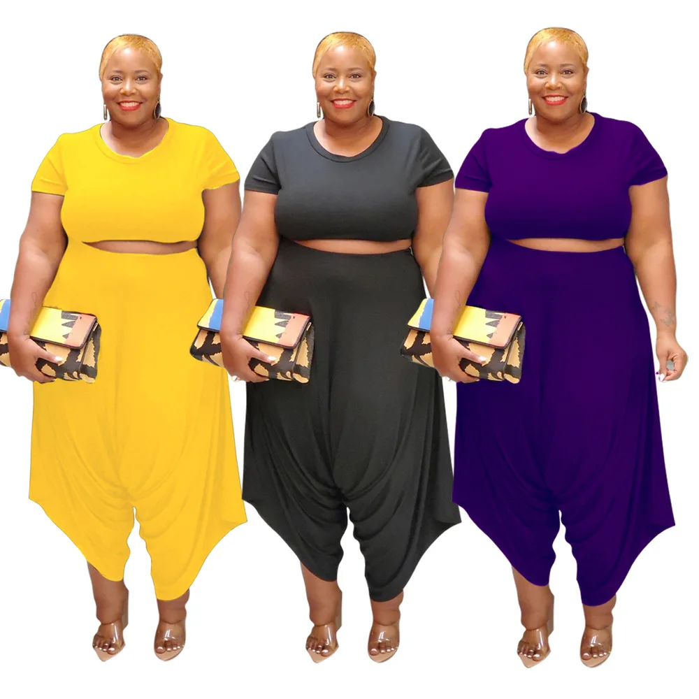

Plus Size Women's Trouser Suits O-Neck Crop Tops Pants Set High Waist Loose Harem Pants Summer Two Piece Outfits For Women
