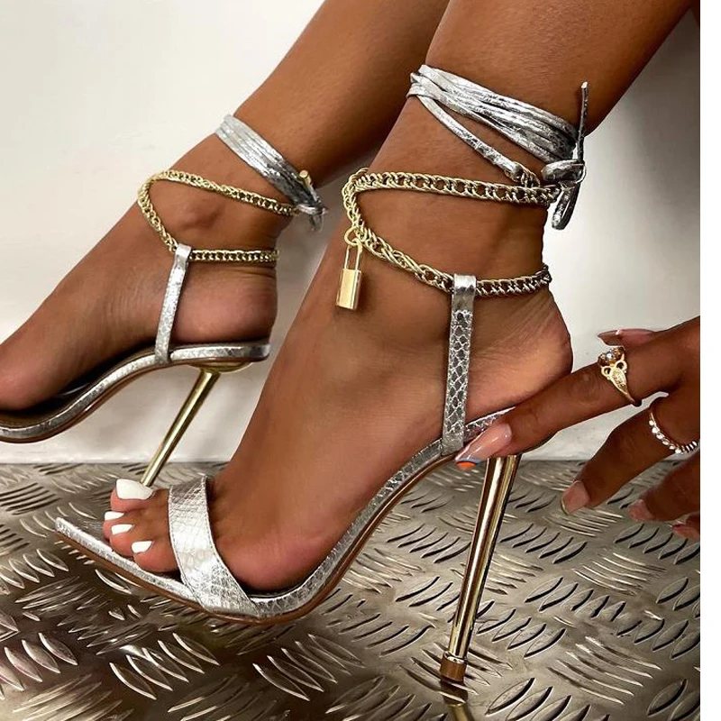 

2022 New Ankle Strap Silver Women High Heels Gladiator Sandals Pointed Toe Female Party Shoes Sandalias de mujer Ladies Shoes