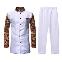 

African tribal style men patchwork contrast color long sleeve shirt and white trouser sets