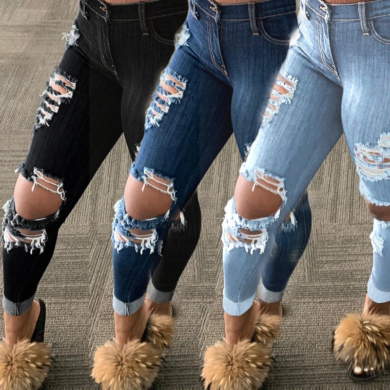 

Fashion Fringe Women Casual Long High Waist Ripped jean 2021 Women's Skinny Denim jeans