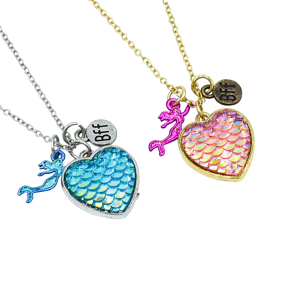 

Veijer Cute Kids 2PC/Set Silver Gold Friendship Girls Boys Necklace Set Resin Dangle Love Heart Best Friends Necklace, Multi