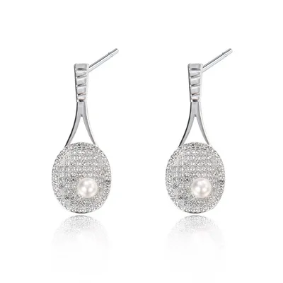 

Simple Inlaid Cubic Zirconia Tennis Racket Earring Creative Silver Plated Zircon Pearl Tennis Racket Shaped Earrings For Women