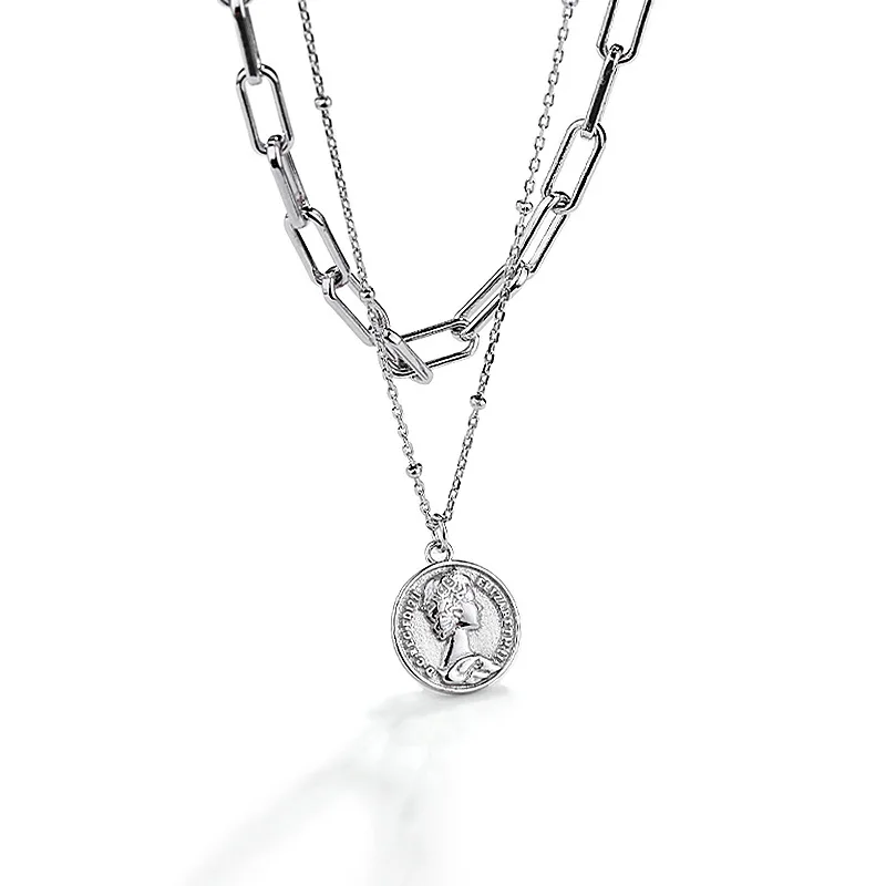 

Fashion Silver Jewelry Gold Coin Pendant Necklace 2 Layered Gold Cuban Chain Necklaces For Women, 18k gold plated /customized color