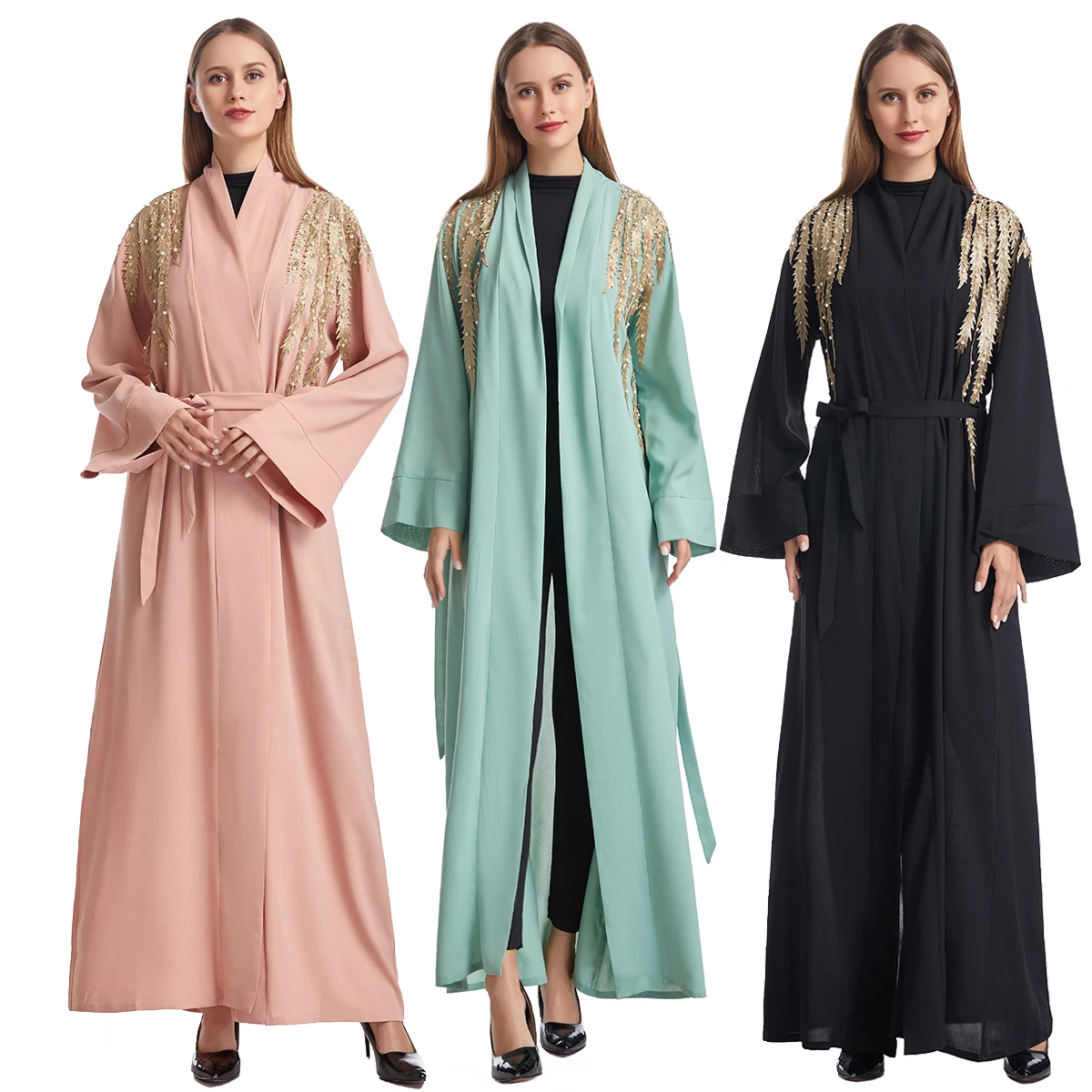 

Luxury Arab Kimono Cardigan Robe Abaya Dubai Muslim Maix Dress Turkish Kaftan Islamic Embroidered Applique Long Gown For Female