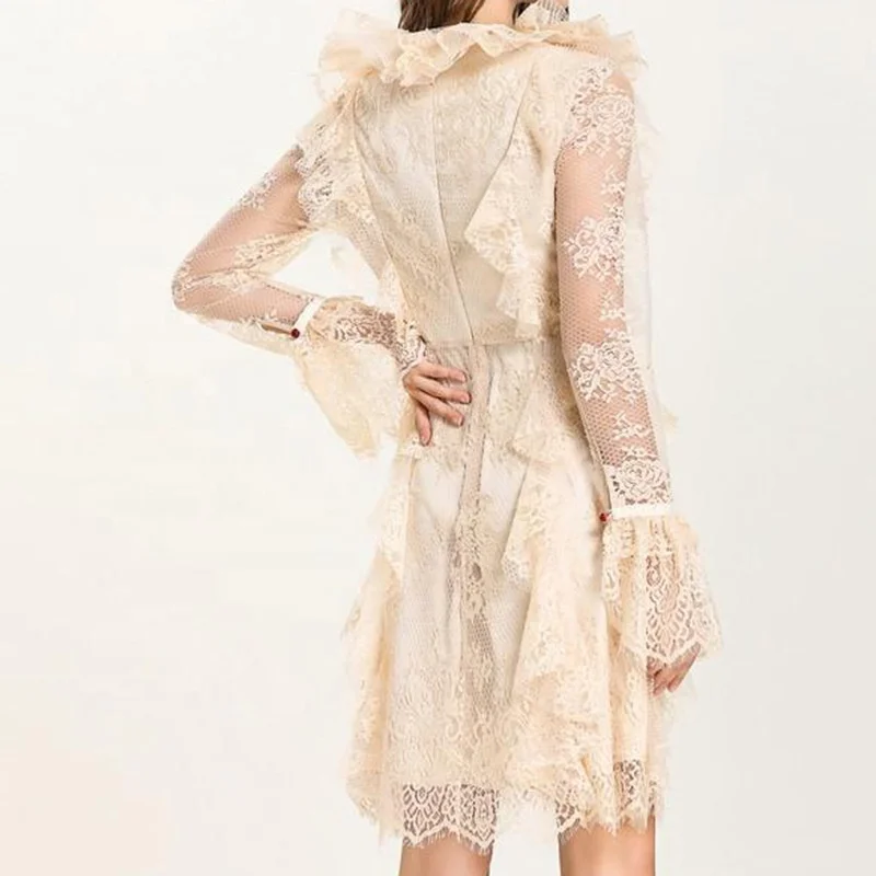 

B51002A Newest lady deep V-neck lace ruffles long sleeve dress, Apricot