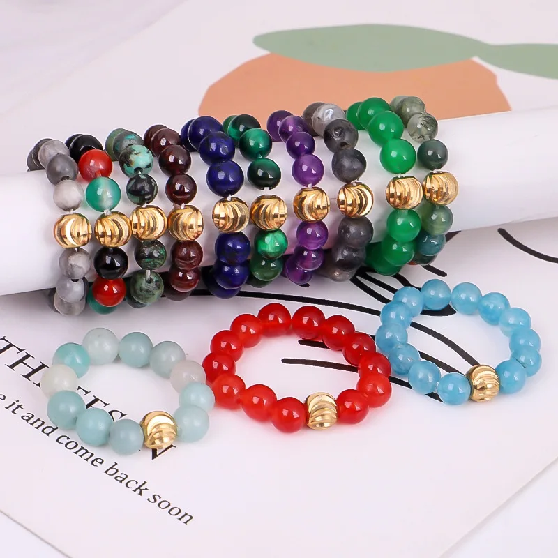

2022 Colorful Trendy 4MM Elastic Adjustable Mixed Gemstone Natural Stone Rings for Men Women Jewelry