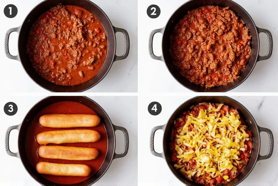 Step-by-step preparation of Detroit-style chili coney showing meat chili simmering, natural casing hot dogs, and proper topping sequence
