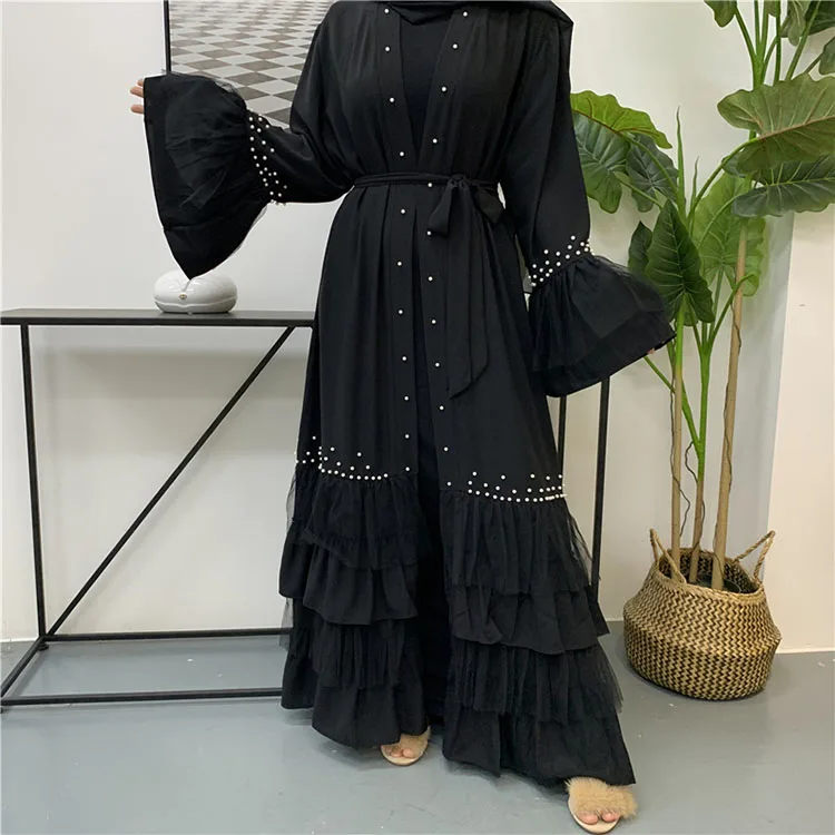 

Muslim Robe Fashion Cardigan Islamic Women Long Dress Kaftan Beads Lace-up Burqa Pearl Flare Sleeve Layer Dress Open Black Abaya, 1 color in stock also accept customized color