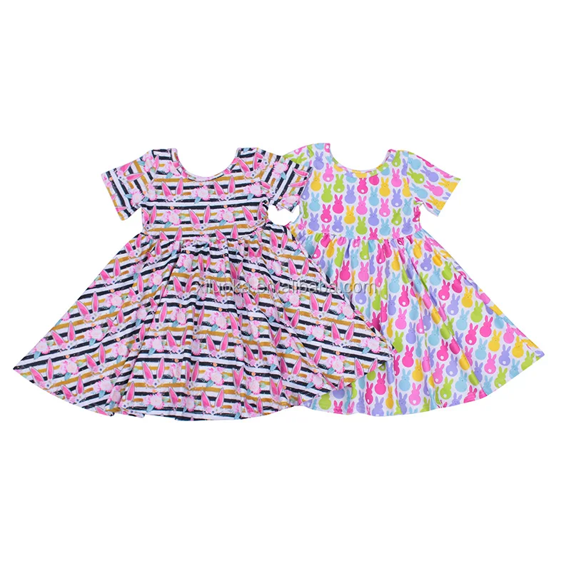 

New Style Short Sleeve Kids Frock Design Striped Bunny Children Easter Twirl Dress, Picture