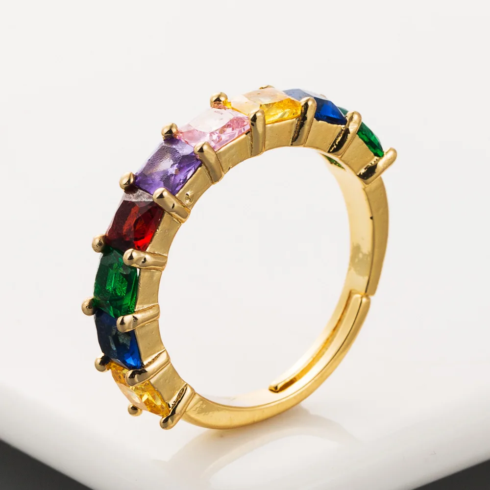 

New Style Rainbow Color Square Cubic Zirconia Rings Trendy Simple Style Multi Color CZ Rings For Women