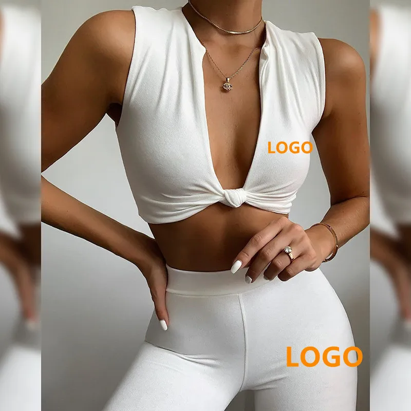 

Spring summer v neck crop top long pants cotton 2 piece set women cropped tracksuit sexy women clothing two piece set