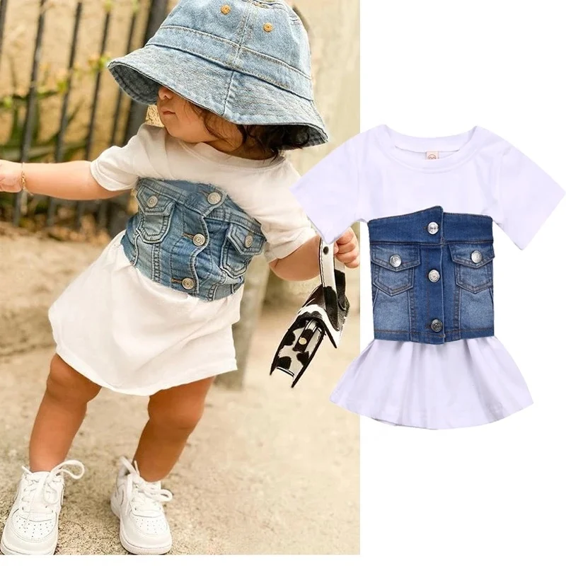 

1-6Y Summer Kids Baby Girls Clothes Sets Short Sleeve White T-Shirt Dress+Denim Waistband Vest 2Pcs Fashion Girl Outfits Party, As picture